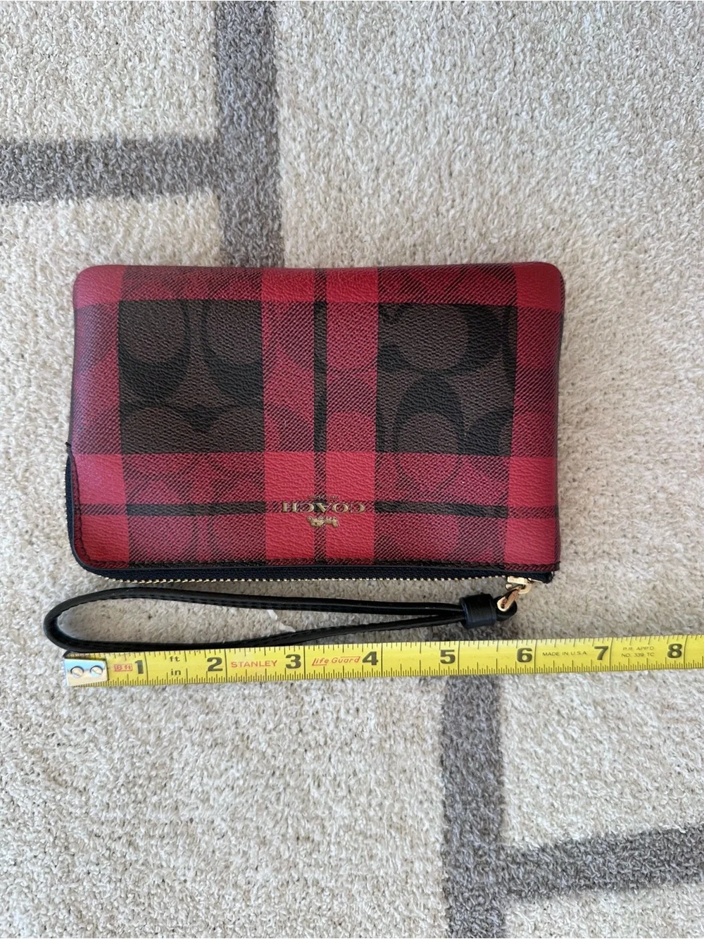 Coach Red and Black Plaid Signature Zip Wristlet